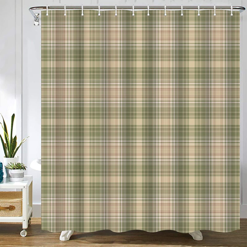 Abaysto Gingham Plaid Beige Grey Sage Abstract Autumn Celtic Checked Checkered Bathroom Decor Shower Curtain Sets with Hooks Polyester Fabric Great Gift - Image 1